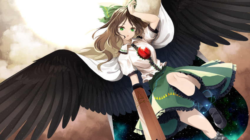 1girl :o akaiha_(akaihasugk) arm_cannon black_footwear bow brown_hair cape cloud collared_shirt control_rod dutch_angle feathered_wings feet_out_of_frame frills green_bow green_eyes green_skirt long_hair looking_at_viewer medium_skirt mismatched_footwear nail_polish reiuji_utsuho shirt shoes short_sleeves single_shoe skirt socks solo starry_sky_print sun touhou weapon white_shirt wings