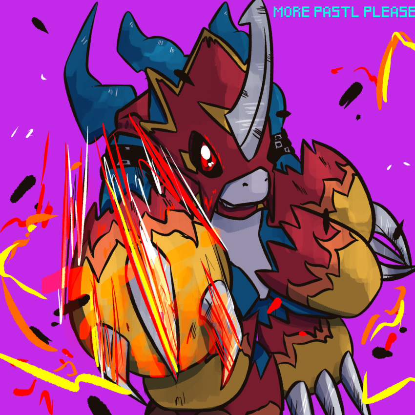 2020 armor attack black_sclera blue_body claws clothing digimon digimon_(species) fire flamedramon hi_res horn male markings pastel_please purple_background red_armor red_eyes reptile scalie signature simple_background toe_claws yellow_markings