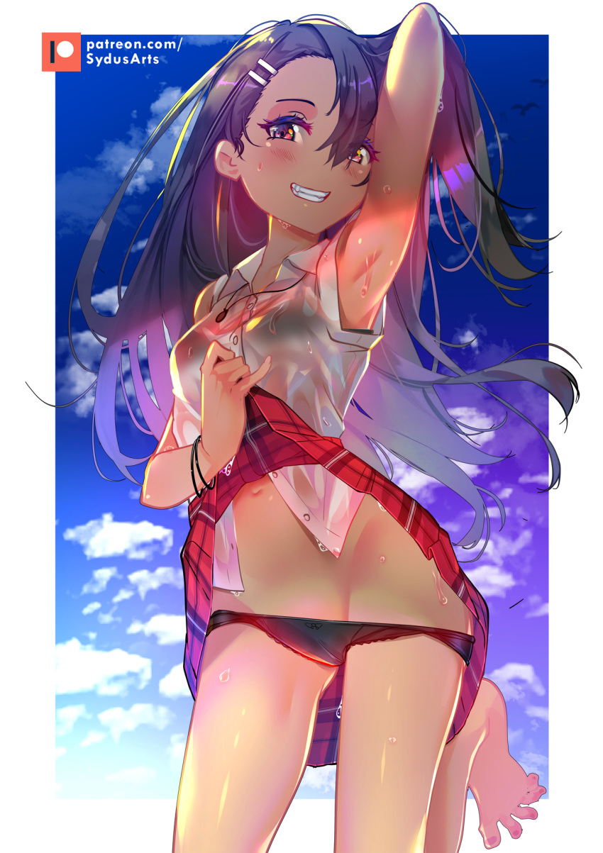 1girl arm_up armpits barefoot black_hair black_panties blush bow bow_panties bracelet breasts collared_shirt dark_skin fang grin hair_ornament hairclip highres ijiranaide_nagatoro-san jewelry lifted_by_self long_hair nagatoro_hayase navel necklace panties panty_pull patreon_username pinky_out plaid plaid_skirt red_eyes red_skirt shirt skirt skirt_lift sleeveless sleeveless_shirt small_breasts smile solo sweat sydus toes underwear watermark web_address wet wet_clothes wet_shirt windowboxed