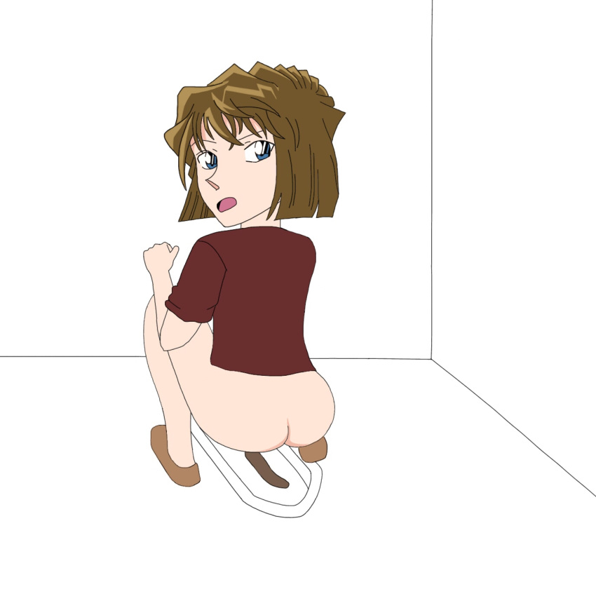 1girl blue_eyes bottomless brown_hair haibara_ai highres meitantei_conan poop scat short_hair solo squat_toilet toilet