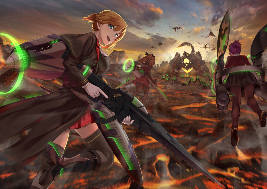 3girls ash_arms bangs black_capelet black_footwear black_legwear blonde_hair blue_eyes braid capelet cloud cloudy_sky collar commentary dragon flying from_behind greaves gun holding holding_gun holding_weapon hurricane_(ash_arms) lancaster_(ash_arms) long_coat looking_at_viewer looking_back miniskirt molten_rock motion_blur multiple_girls open_mouth outdoors pleated_skirt red_collar red_hair red_skirt scorpion shigatsu_itsuka single_horizontal_stripe skirt sky smile spitfire_(ash_arms) sunset thighhighs tied_hair twintails weapon