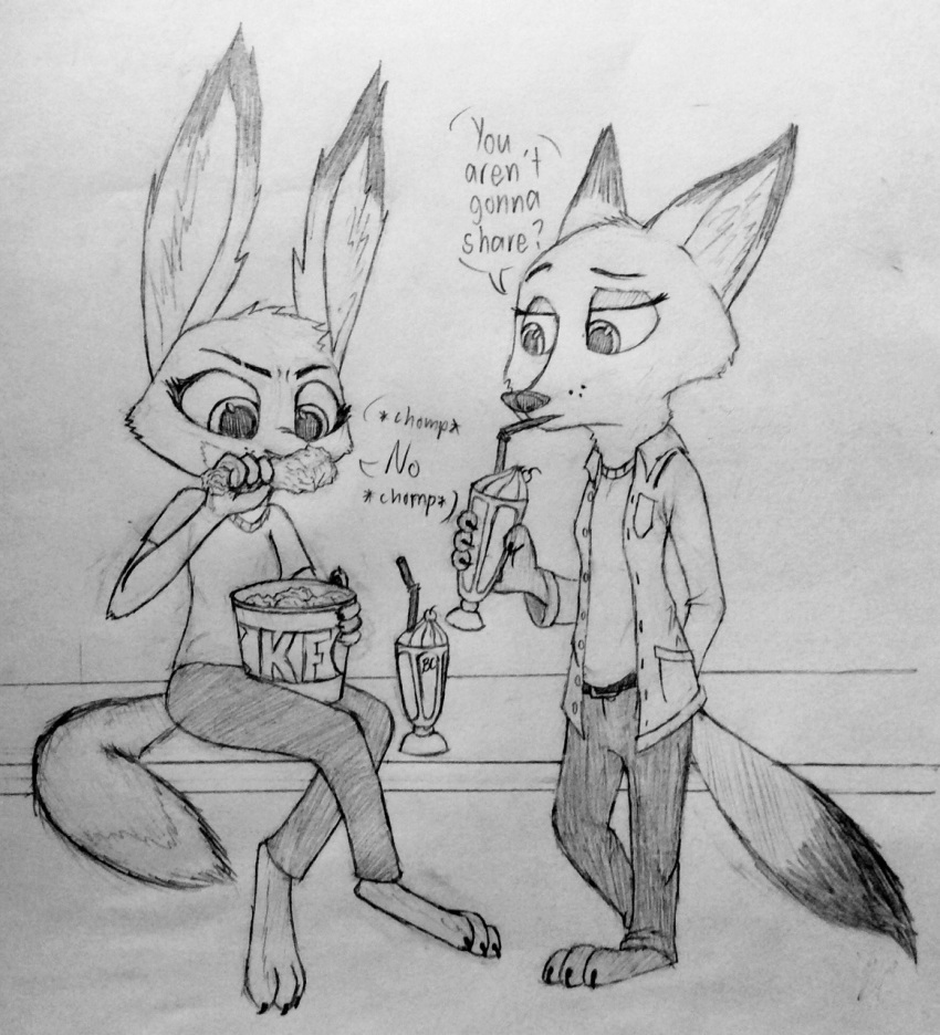 3_toes 4_fingers age_difference anthro anthro_on_anthro canid canine claws clothed clothing comic dipstick_ears dipstick_tail disney duo eating eating_food english_text fan_character female female/female fingers fox fur gloves_(marking) hi_res holding_object hybrid inner_ear_fluff interspecies kfc kfc_bucket larger_anthro larger_female luna_wilde_(crewefox) mammal markings monochrome multicolored_ears multicolored_tail older_anthro older_female predator/prey red_fox robyn_wilde_(crewefox) size_difference smaller_anthro smaller_female snout teenager text theblueberrycarrots toes tuft young younger_female zootopia