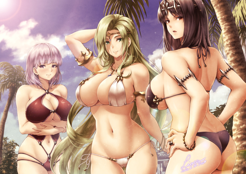 3girls armlet ass bikini blue_sky bracelet breasts brown_bikini brown_hair butt_crack cleavage cleavage_cutout cloud commentary_request cowboy_shot dated day from_behind greek_mythology green_eyes green_hair jewelry large_breasts long_hair multi-strapped_bikini multiple_girls navel navel_cutout original palm_tree purple_hair red_swimsuit ring ryou_(pix_gallerio) short_hair signature silver_bikini sky smile swimsuit tiara tree very_long_hair