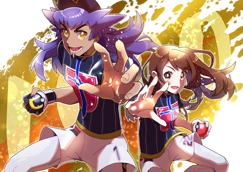 1boy 1girl absurdres bangs brown_eyes brown_hair champion_uniform commentary_request dande_(pokemon) dark_skin dark_skinned_male facial_hair gloves highres holding holding_poke_ball long_hair looking_at_viewer open_mouth poke_ball poke_ball_(generic) pokemon pokemon_(game) pokemon_swsh pon_yui purple_hair shiny shiny_hair shirt shorts smile teeth tongue ultra_ball yellow_eyes yuuri_(pokemon)