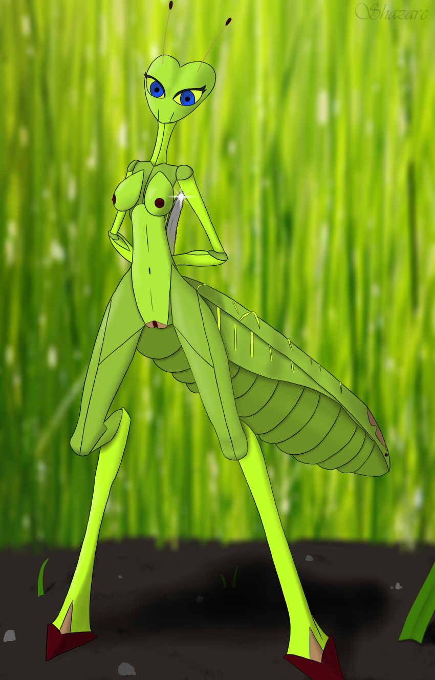 absurd_res antennae_(anatomy) anthro areola arthropod big_butt blade blue_eyes blurred_background breasts butt danger dangerous female genitals green_body green_skin hi_res insect long_legs looking_at_viewer mantis nipples pussy shazarc solo stare thin_waist wide_hips