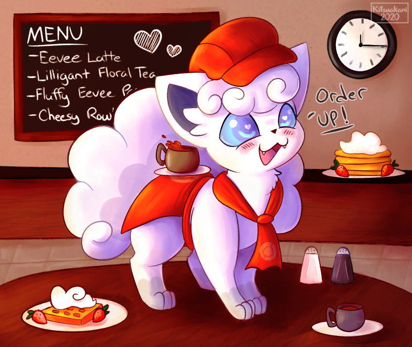 &lt;3 &lt;3_eyes alolan_vulpix ambiguous_gender apron beverage black_pepper blue_eyes blush clock clothed clothed_feral clothing coffee cup english_text feral food fruit furniture hat headgear headwear hi_res kitsuakari menu nintendo open_mouth pepper_shaker plant pok&eacute;mon pok&eacute;mon_(species) pokemon_cafe_mix regional_form_(pok&eacute;mon) salt scarf solo strawberry table text video_games waffle