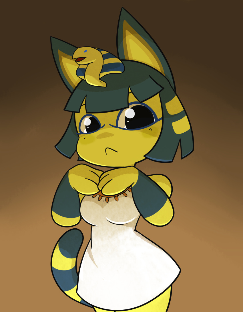 3_fingers absurd_res animal_crossing ankha_(animal_crossing) anthro black_eyes breasts clothed clothing domestic_cat dress felid feline felis female fingers hair hi_res looking_at_viewer mammal mythrica nintendo solo video_games white_clothing white_dress yellow_body yellow_tail