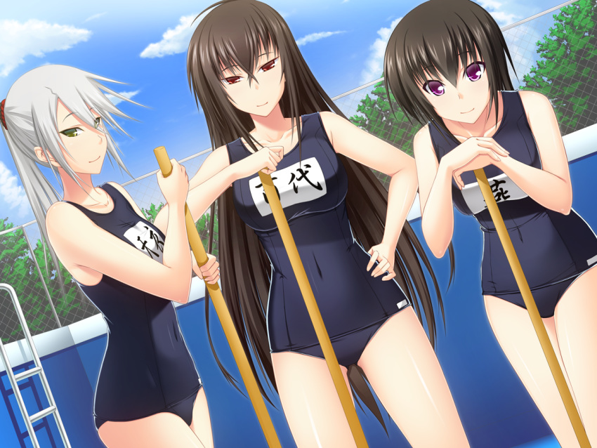 3girls bangs blue_sky breasts brown_hair character_request closed_mouth collarbone day dutch_angle empty_pool eyebrows_visible_through_hair green_eyes hair_between_eyes hair_ornament hair_scrunchie hand_on_hip ikki_(tue_sein_bestes) kawakami_momoyo leaning_forward long_hair looking_at_viewer maji_de_watashi_ni_koi_shinasai! medium_breasts multiple_girls outdoors ponytail purple_eyes red_eyes red_scrunchie school_swimsuit scrunchie shiny shiny_hair silver_hair sky smile straight_hair swimsuit very_long_hair