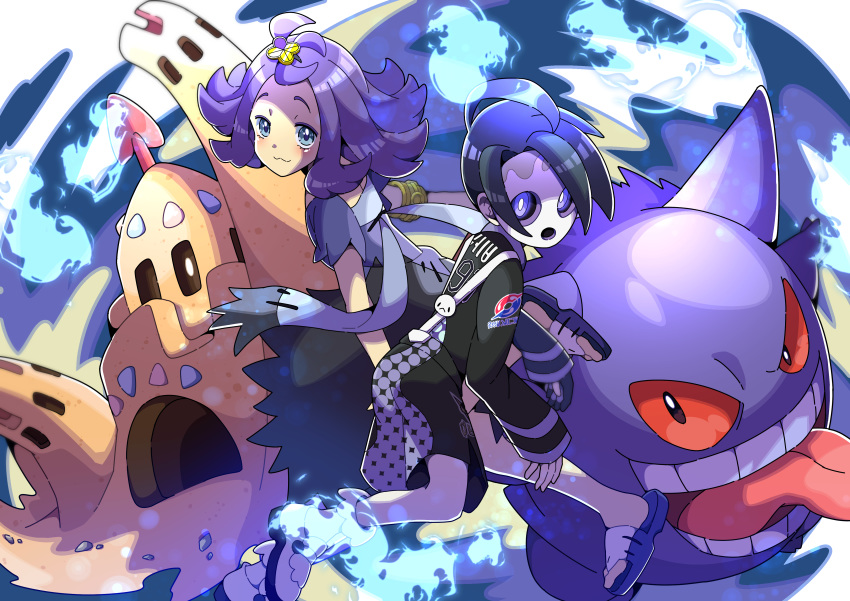 1boy 1girl :3 absurdres acerola_(pokemon) ahoge armlet black_hair blush commentary_request dress gen_1_pokemon gen_7_pokemon gengar gloves gym_leader hair_ornament highres looking_at_viewer mask onion_(pokemon) palossand pokemon pokemon_(creature) pokemon_(game) pokemon_swsh pon_yui purple_eyes purple_hair short_hair short_sleeves shorts single_glove stitches suspender_shorts suspenders topknot
