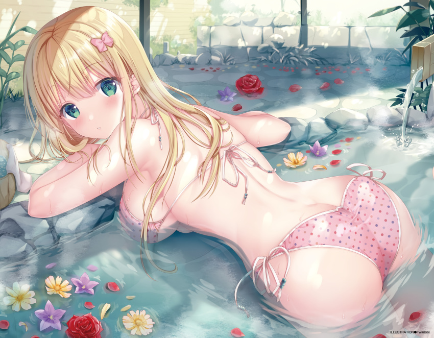 ass bikini blonde_hair blush flowers green_eyes long_hair rose scan sousouman swimsuit water wet