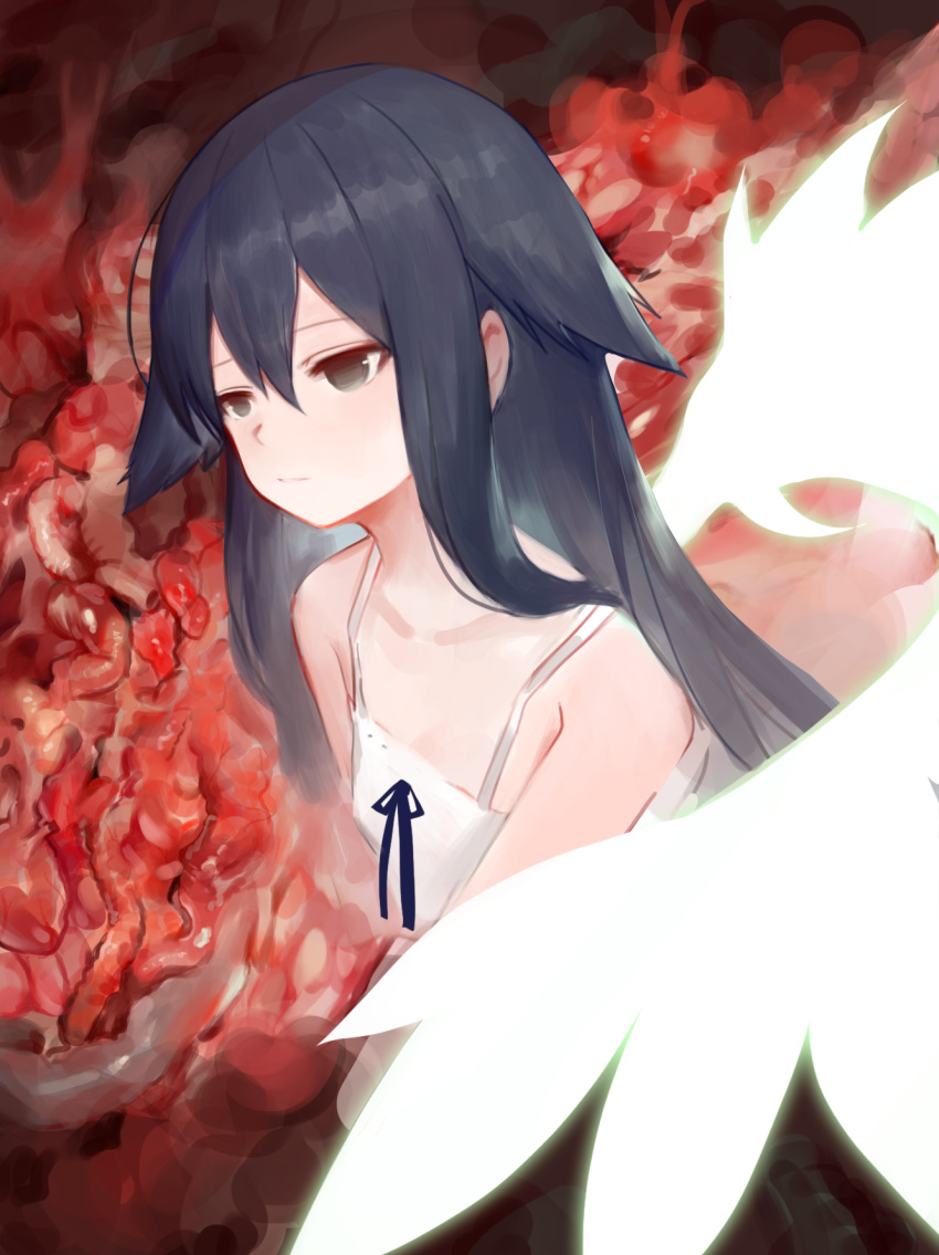 1girl :/ bangs bare_arms bare_shoulders black_hair blue_ribbon closed_mouth collarbone commentary_request dokomon dress empty_eyes expressionless eyebrows_behind_hair flat_chest flesh from_side glowing glowing_wings grey_eyes hair_between_eyes highres korean_commentary long_hair looking_away ribbon saya saya_no_uta single_wing sleeveless sleeveless_dress solo spaghetti_strap upper_body white_dress white_wings wings