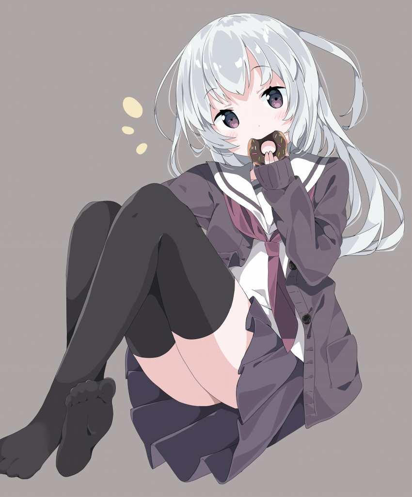 1girl bangs black_legwear blush brown_neckwear cardigan commentary_request doughnut eating eyebrows_visible_through_hair food grey_background grey_cardigan grey_skirt highres holding holding_food knees_up long_hair long_sleeves looking_at_viewer neckerchief no_shoes notice_lines open_cardigan open_clothes original pleated_skirt purple_eyes sailor_collar school_uniform serafuku shirt silver_hair simple_background skirt sleeves_past_wrists soles solo tantan_men_(dragon) thighhighs very_long_hair white_sailor_collar white_shirt