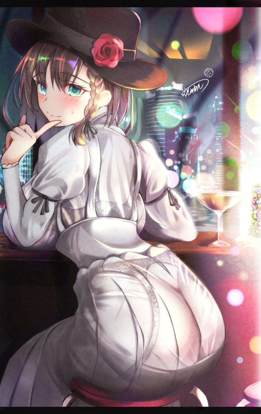1girl ass bar blush bra_through_clothes braid breasts brown_hair charlotte_corday_(fate/grand_order) dress fate/grand_order fate_(series) from_behind garter_belt green_eyes hat highres huge_breasts juliet_sleeves long_sleeves looking_back muni_nuren puffy_sleeves see-through signature smile stool white_dress