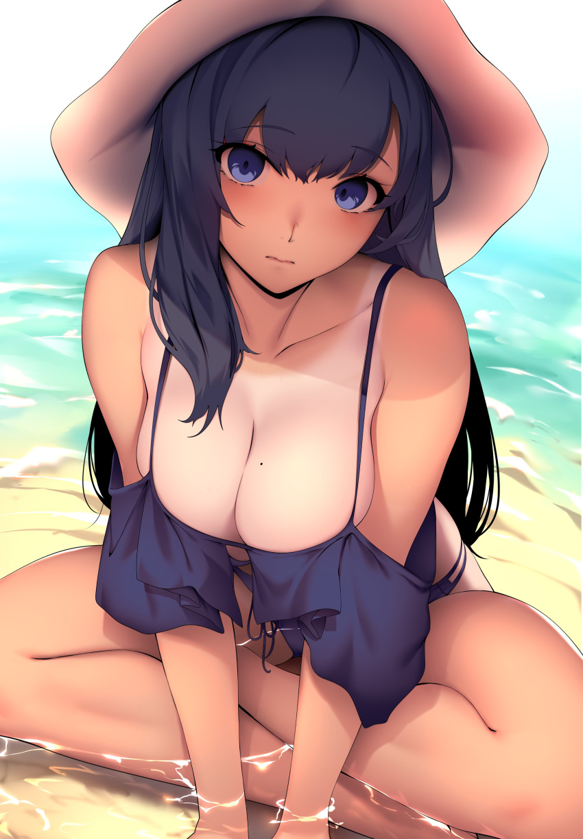 1girl absurdres bangs bare_shoulders black_hair blue_eyes blue_shirt breasts cleavage closed_mouth eyebrows_visible_through_hair hair_between_eyes hat highres large_breasts long_hair looking_at_viewer mole mole_on_breast original partially_submerged ryuji_(ikeriu) shirt sitting sun_hat tan tanline water