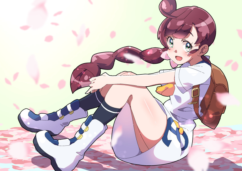 1girl :d absurdres backpack bag bangs black_legwear blush boots braid braided_ponytail brown_backpack brown_hair commentary_request dress eyelashes green_eyes highres long_hair looking_at_viewer open_mouth petals pokemon pokemon_(anime) pokemon_swsh_(anime) pon_yui sakuragi_koharu shiny shiny_skin short_sleeves single_braid smile socks solo white_dress