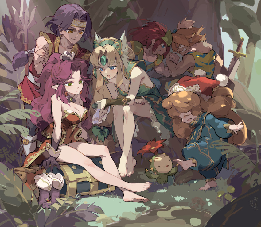 3boys 3girls angela_(seiken_densetsu_3) arm_wrestling baggy_clothes bare_shoulders barefoot black_footwear black_gloves blonde_hair blue_eyes breasts brown_eyes charlotte_(seiken_densetsu_3) cleavage dappled_sunlight dark_skin duran_(seiken_densetsu_3) footwear_removed gloves green_eyes hair_ornament hawkeye_(seiken_densetsu_3) highres kevin_(seiken_densetsu_3) large_breasts lil'_cactus long_hair medium_breasts multiple_boys multiple_girls pointy_ears purple_hair red_hair riesz seiken_densetsu seiken_densetsu_3 sitting sunlight sword tennohi weapon