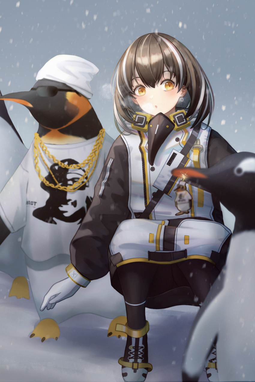 1girl absurdres animal arknights bandana beak beak_mask bird black_legwear breasts brown_hair clothed_animal commentary earrings gloves gold_necklace highres jewelry keychain laozhanshi long_sleeves magallan_(arknights) medium_breasts medium_hair multicolored_hair penguin shirt snow sunglasses t-shirt the_emperor_(arknights) tupac_shakur two-tone_hair white_gloves white_hair white_headwear yellow_eyes