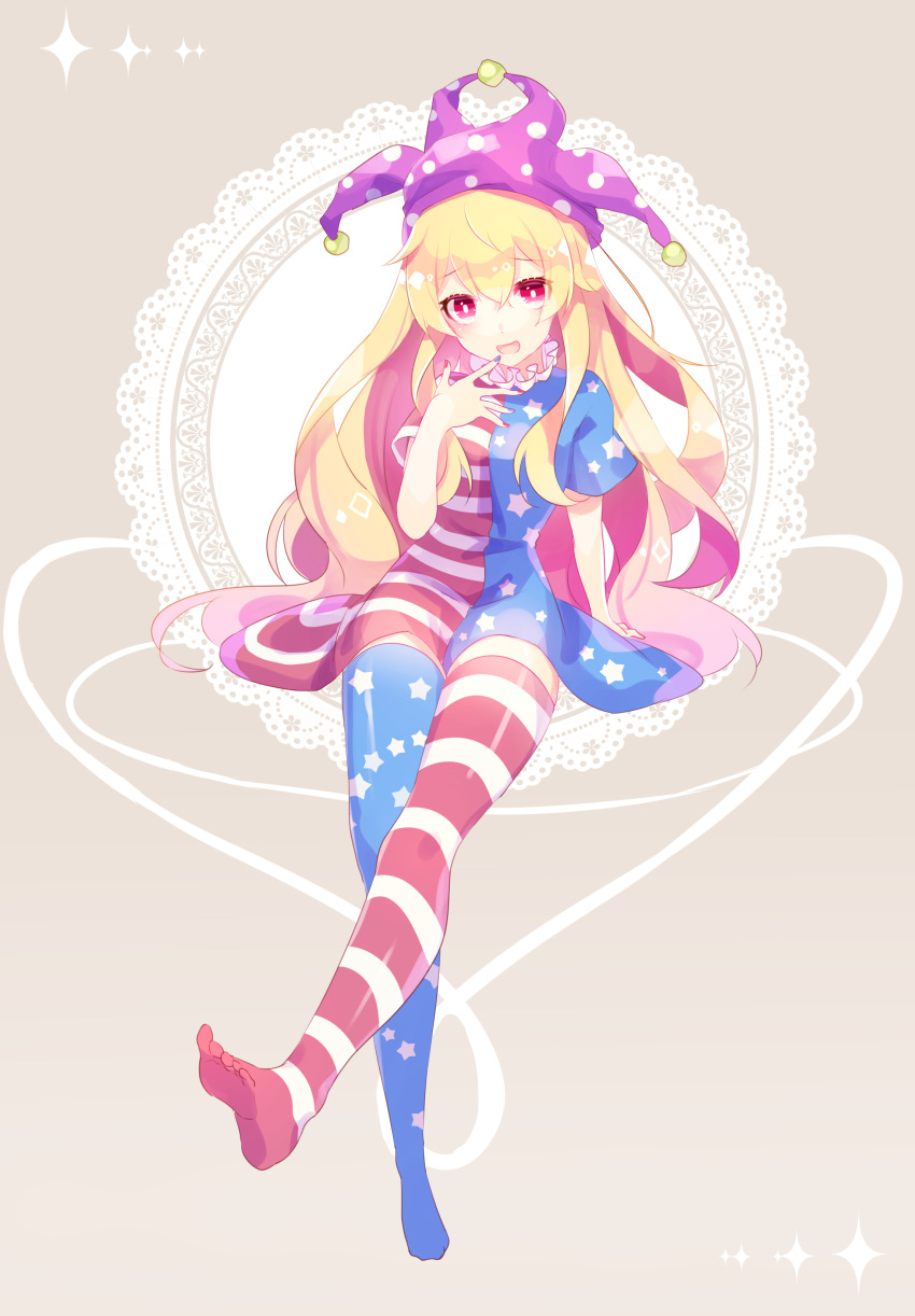 1girl absurdres alternate_legwear american_flag_dress american_flag_legwear blonde_hair blue_nails clownpiece dress full_body hat highres jester_cap long_hair looking_at_viewer nail_polish neck_ruff open_mouth polka_dot purple_headwear red_eyes red_nails shinketsu_kanyu short_sleeves smile solo star_(symbol) star_print striped thighhighs touhou very_long_hair