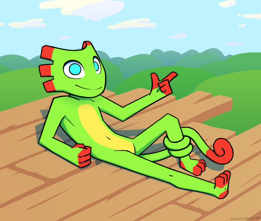 anthro cel_shading chameleon cloud featureless_crotch forest gesture lizard looking_at_viewer lying male nude on_back outside playtonic_games pointing raised_arm reptile scalie shadow smile smirk solo toony tree video_games waitingwind yooka yooka-laylee