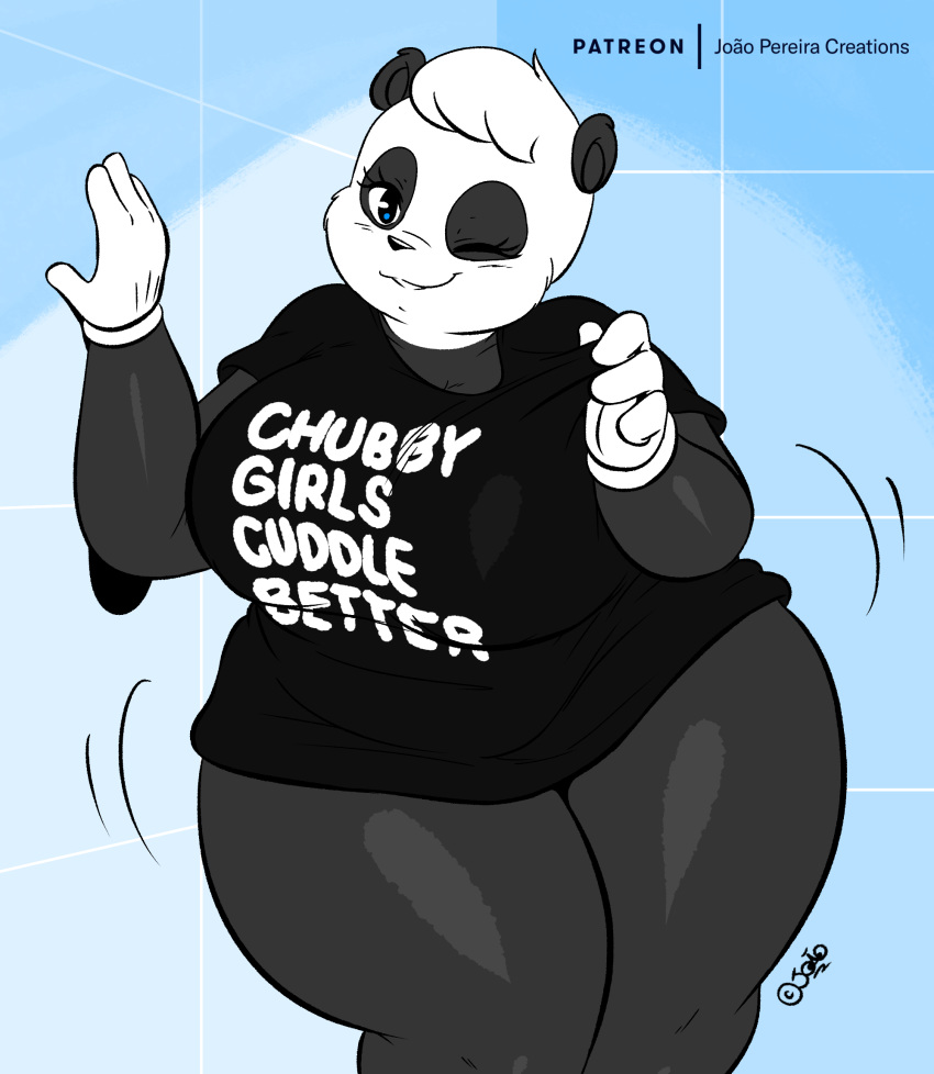 anthro big_breasts bottomless breasts clothed clothing english_text female giant_panda hand_on_wall hi_res joaoppereiraus looking_at_viewer mammal motion_lines one_eye_closed overweight overweight_female patreon shirt shirt_only solo sueli_(character) t-shirt text thick_thighs topwear ursid wide_hips wiggle wink