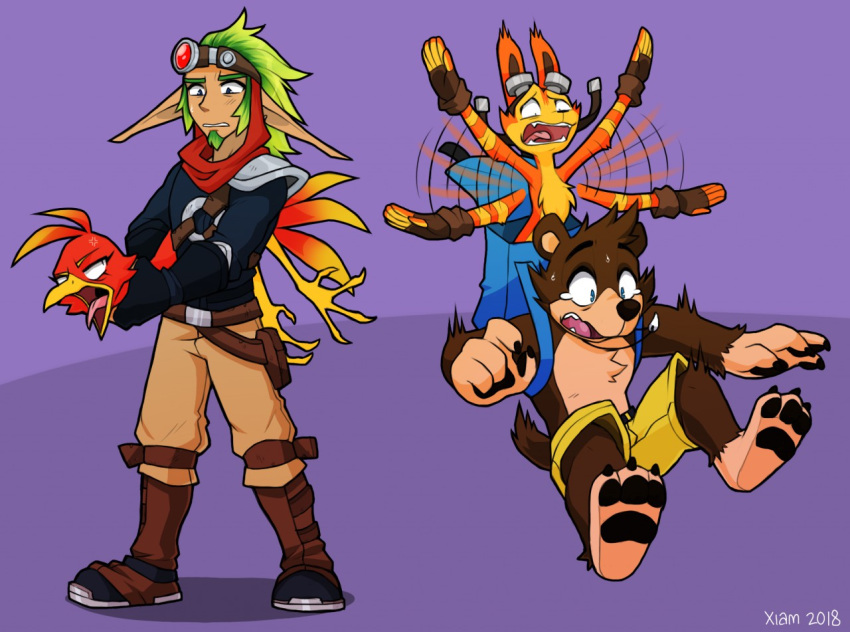 anthro avian backpack banjo-kazooie banjo_(banjo-kazooie) beak bird black_nose blue_eyes brown_body brown_fur clothed clothing crossover daxter digital_media_(artwork) eyewear female fur gloves goggles group handwear humanoid jak jak_and_daxter kazooie long_ears male mammal mustelid naughty_dog open_mouth ottsel rareware simple_background sony_corporation sony_interactive_entertainment ursid video_games xiamtheferret