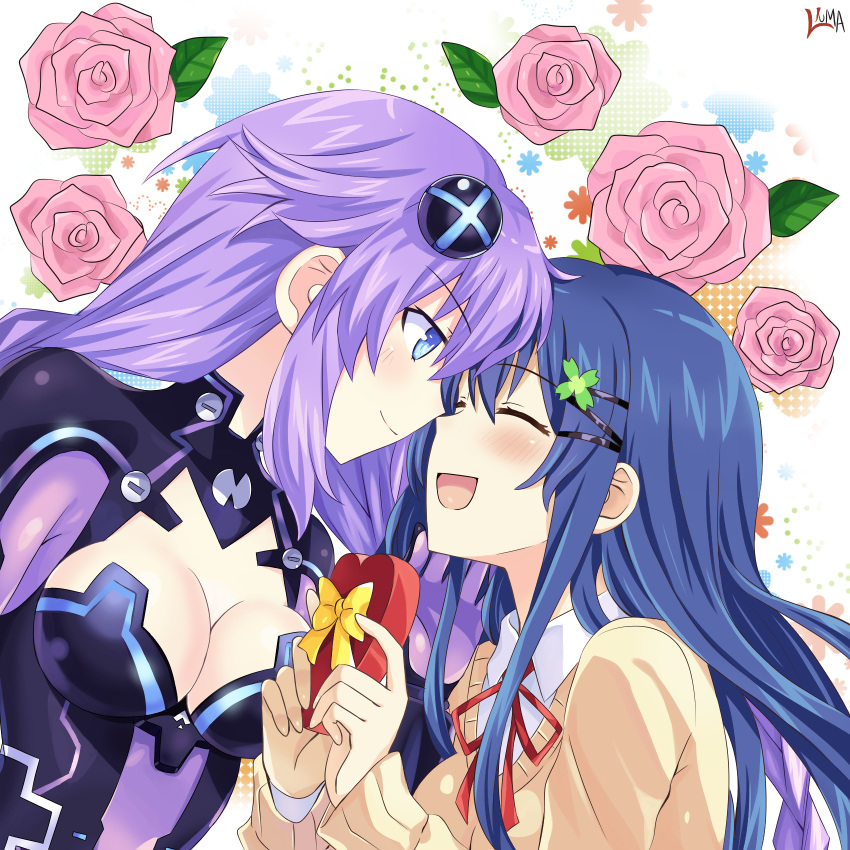 2girls blue_hair box breasts cleavage crossover date_a_live flower genderswap genderswap_(mtf) hair_ornament happy heart-shaped_box highres itsuka_shiori lewdkuma looking_at_another medium_breasts multiple_girls neptune_(series) open_mouth pink_flower pink_rose purple_hair purple_heart rose smile upper_body