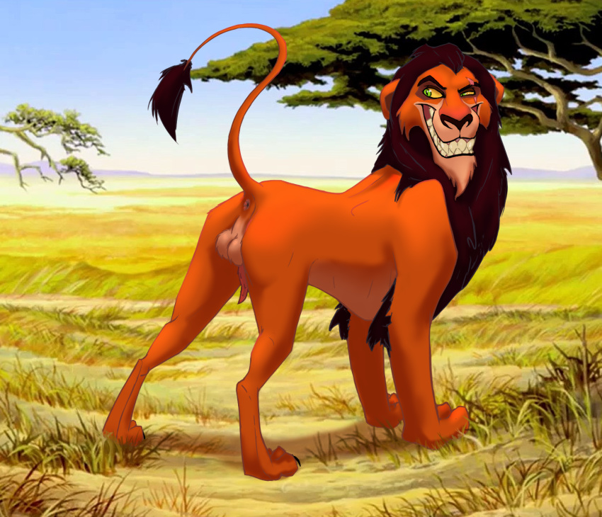 animal_genitalia animal_penis anus balls disney falseseke felid feral genitals grin hi_res lion male mammal pantherine penile_spines penis pose savanna scar_(the_lion_king) smile solo teasing the_lion_king