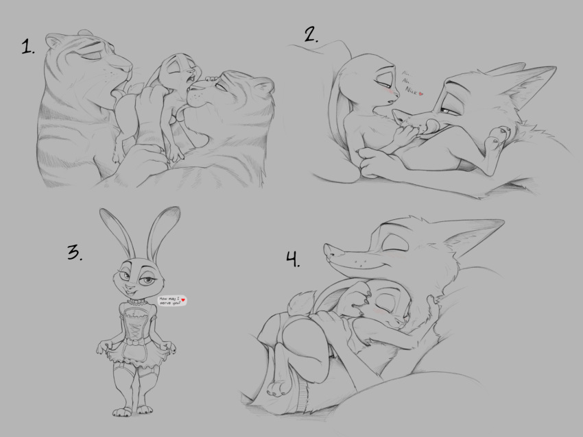 &lt;3 2020 4:3 anthro anthro_on_anthro blush buckteeth butt canid canine cheek_tuft clothed clothing cuddling dialogue disney dress english_text eye_contact eyes_closed eyes_mostly_closed facial_tuft felid female fox fur grey_background head_tuft hi_res hug judy_hopps lagomorph leporid licking licking_lips looking_at_another male male/female mammal narrowed_eyes nick_wilde nude open_mouth open_smile oral pantherine pillow rabbit reclining red_fox s1m sex simple_background sketch smile speech_bubble standing striped_body striped_fur stripes teeth text tiger tiger_dancer_(zootopia) tongue tongue_out tuft underwear whiskers zootopia