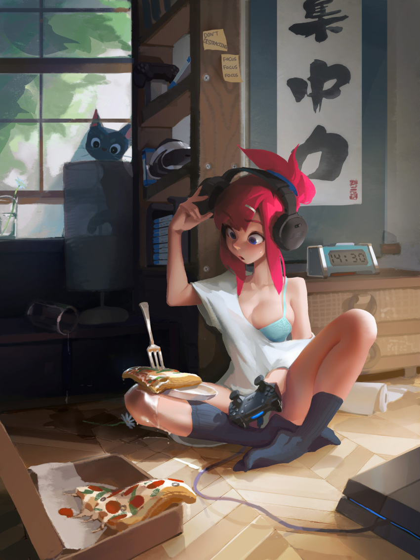 1girl absurdres artist_name bangs black_cat black_legwear blue_bra blue_eyes bo_xun_lin bra breasts cat cleavage clock commentary controller drawer english_commentary flower food fork game_console game_controller hair_bun hair_ornament hairclip headphones highres large_breasts long_hair off-shoulder_shirt off_shoulder open_mouth original paper_towel partially_immersed pepperoni pink_hair pizza shelf shirt sitting socks solo underwear white_flower white_shirt window