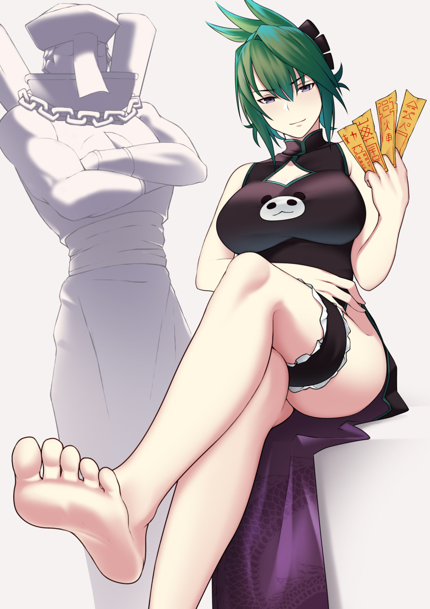 1girl bare_legs barefoot breasts bushidokuroi china_dress chinese_clothes dress feet highres no_shoes pov_feet shaman_king soles solo tao_jun toes