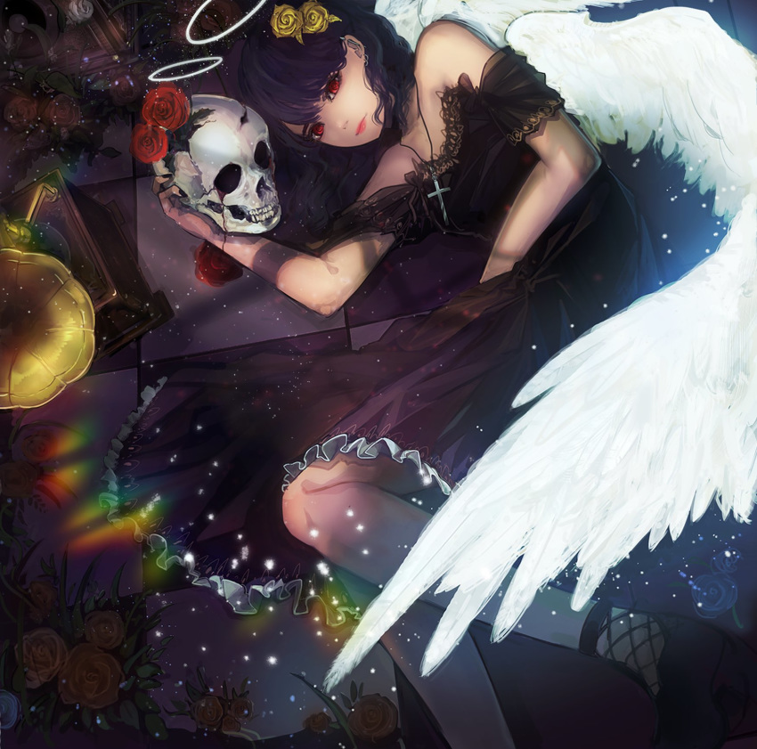 1girl album_cover angel_wings black_dress black_hair blood cover cross cross_necklace dress flower hair_flower hair_ornament halo highres holding_skull jewelry login_records looking_up lying necklace official_art on_side original phonograph rakugaki_suruhito red_eyes rose solo wings yellow_flower yellow_rose