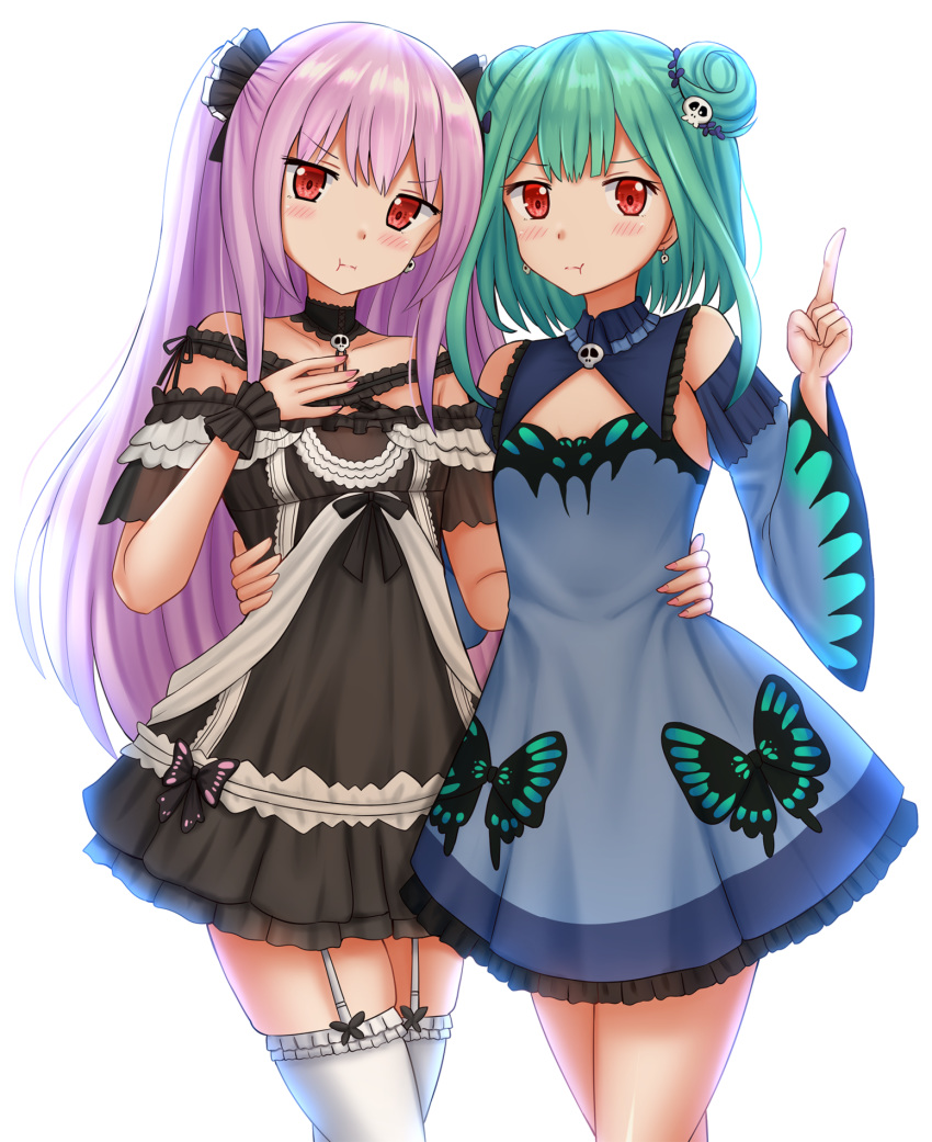 :t bangs bare_shoulders black_dress blue_dress blue_sleeves blush breasts closed_mouth commentary detached_sleeves double_bun dress dual_persona earrings english_commentary eyebrows_visible_through_hair frilled_dress frilled_legwear frills garter_straps green_hair hair_ornament hand_up highres hololive index_finger_raised jewelry kazenokaze long_hair long_sleeves looking_at_viewer off-shoulder_dress off_shoulder pink_hair pout red_eyes simple_background skull_earrings skull_hair_ornament sleeveless sleeveless_dress small_breasts thighhighs uruha_rushia v-shaped_eyebrows very_long_hair virtual_youtuber white_background white_legwear wide_sleeves wrist_cuffs