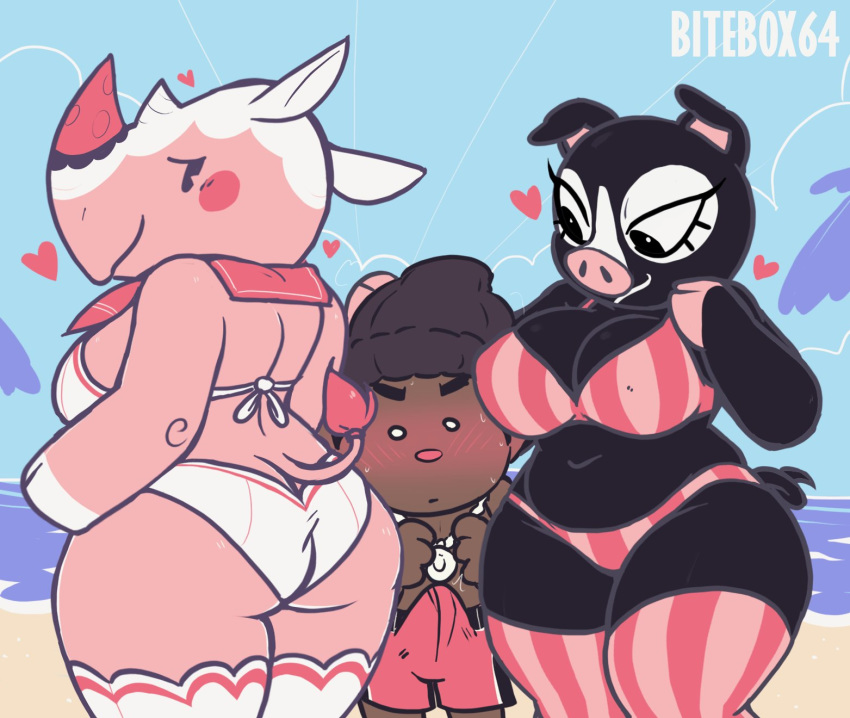 agnes_(animal_crossing) animal_crossing anthro beach big_breasts big_butt bikini bikini_bottom bikini_top bitebox64 blush breasts bulge butt clothed clothing domestic_pig erection female flustered group hi_res human human_on_anthro interspecies male male/female mammal merengue_(animal_crossing) nintendo rhinocerotoid seaside slightly_chubby suid suina sus_(pig) swimwear tree video_games villager_(animal_crossing) water