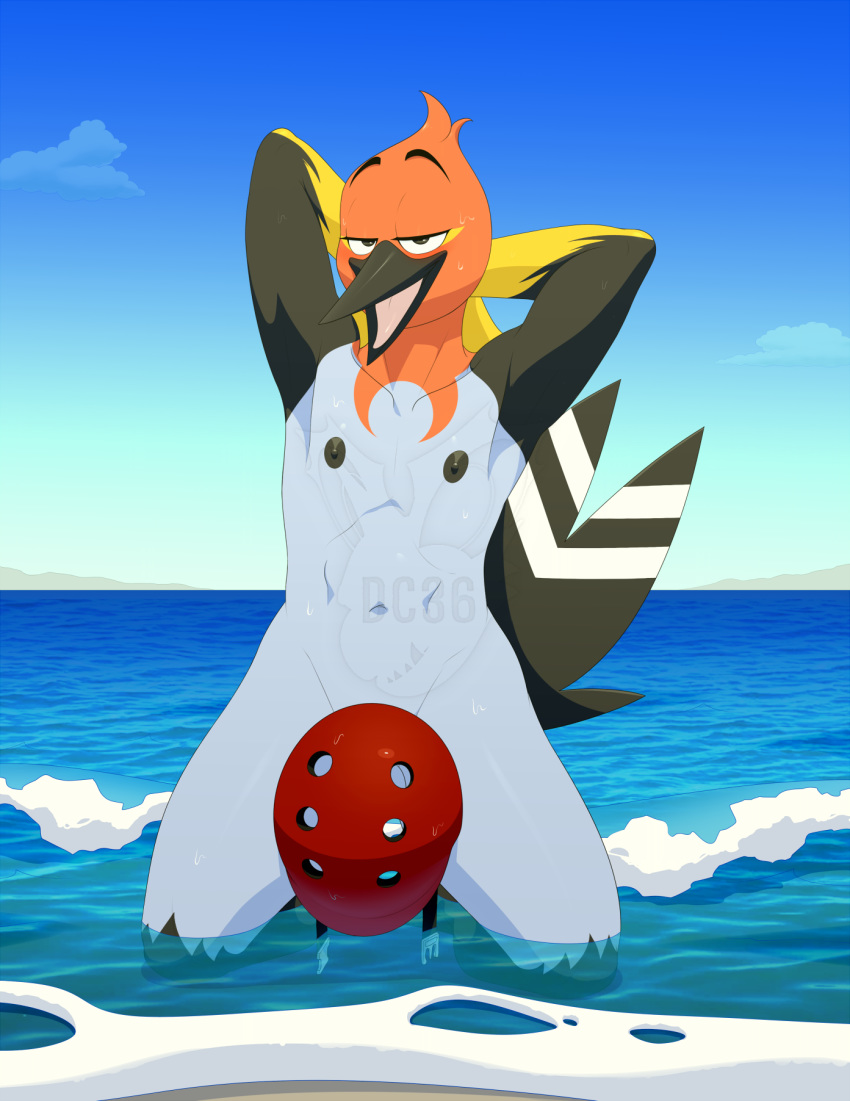 anthro armor avian beach censored creative_censorship dragonclaw36 feathers fletchinder hands_behind_head headgear helmet hi_res male nintendo nipples nude pok&eacute;mon pok&eacute;mon_(species) seaside solo tail_feathers video_games water