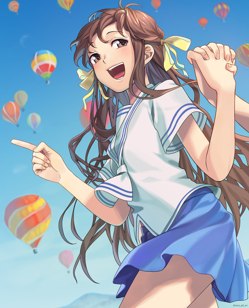 1girl aircraft blue_sky brown_eyes brown_hair dariagiftstuff fruits_basket hair_ribbon highres holding_hands honda_tooru hot_air_balloon interlocked_fingers long_hair mountain open_mouth pleated_skirt pointing ribbon school_uniform serafuku skirt sky smile solo_focus