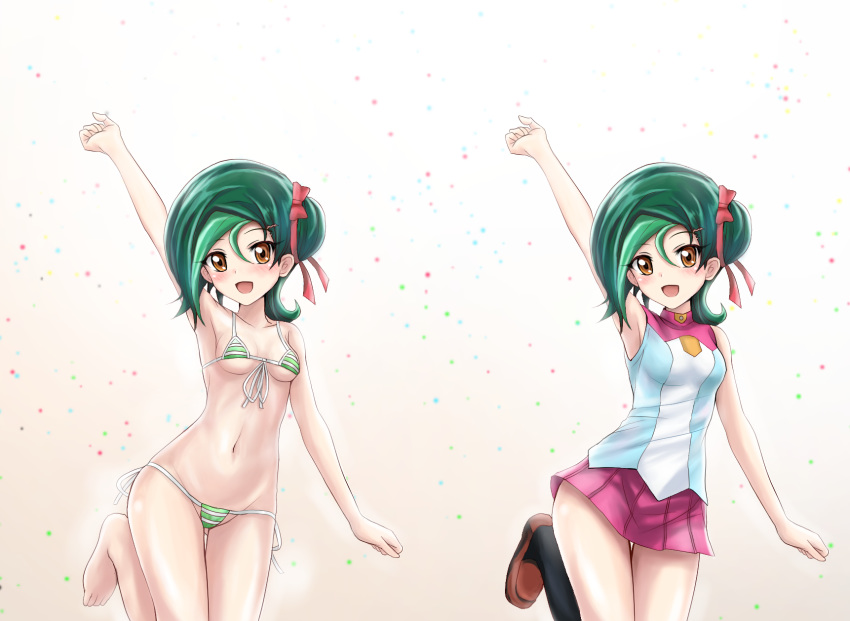 1girl :d arm_up armpits bangs barefoot bikini black_legwear bow breasts brown_eyes brown_footwear cleavage collarbone front-tie_bikini front-tie_top green_bikini green_hair hair_between_eyes hair_bow highres kneehighs loafers looking_at_viewer micro_bikini miniskirt mizuki_kotori_(yuu-gi-ou_zexal) open_mouth pink_skirt pleated_skirt r-binon red_bow shiny shiny_hair shoes short_hair side-tie_bikini sideboob skirt sleeveless small_breasts smile standing standing_on_one_leg striped striped_bikini swept_bangs swimsuit underboob variations white_background yuu-gi-ou yuu-gi-ou_zexal