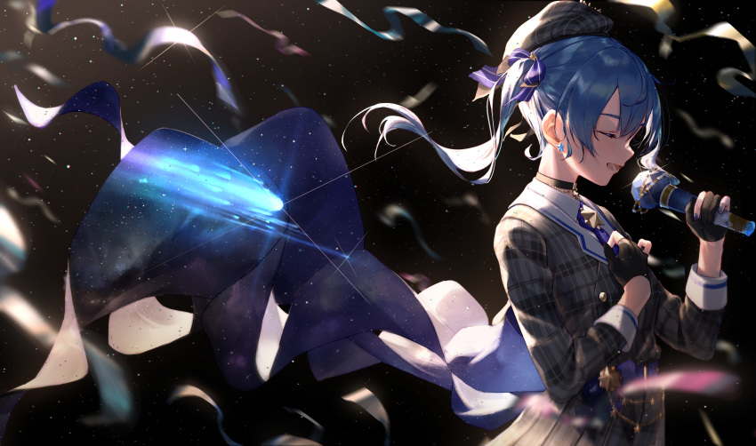 1girl absurdres beret black_background black_choker black_gloves blue_hair blue_neckwear breasts choker closed_eyes collared_shirt comet commentary earrings fingerless_gloves from_side glint gloves grey_headwear grey_jacket hair_between_eyes hand_on_own_chest hat highres holding holding_microphone hololive hoshimachi_suisei huge_filesize jacket jewelry light_particles medium_hair microphone music open_mouth plaid_headwear plaid_jacket profile ribbon shirt side_ponytail simple_background singing small_breasts smile solo star_(symbol) star_earrings starry_sky_print takubon upper_body virtual_youtuber white_shirt wing_collar