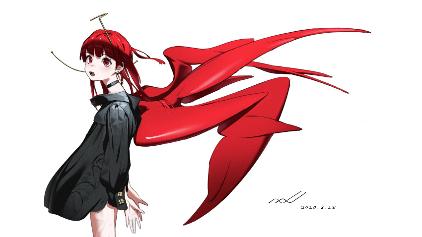 1girl absurdres black_choker blush choker dated earrings highres jewelry long_hair naji_yanagida open_mouth original red_eyes red_hair red_theme signature simple_background solo teeth tongue white_background wings