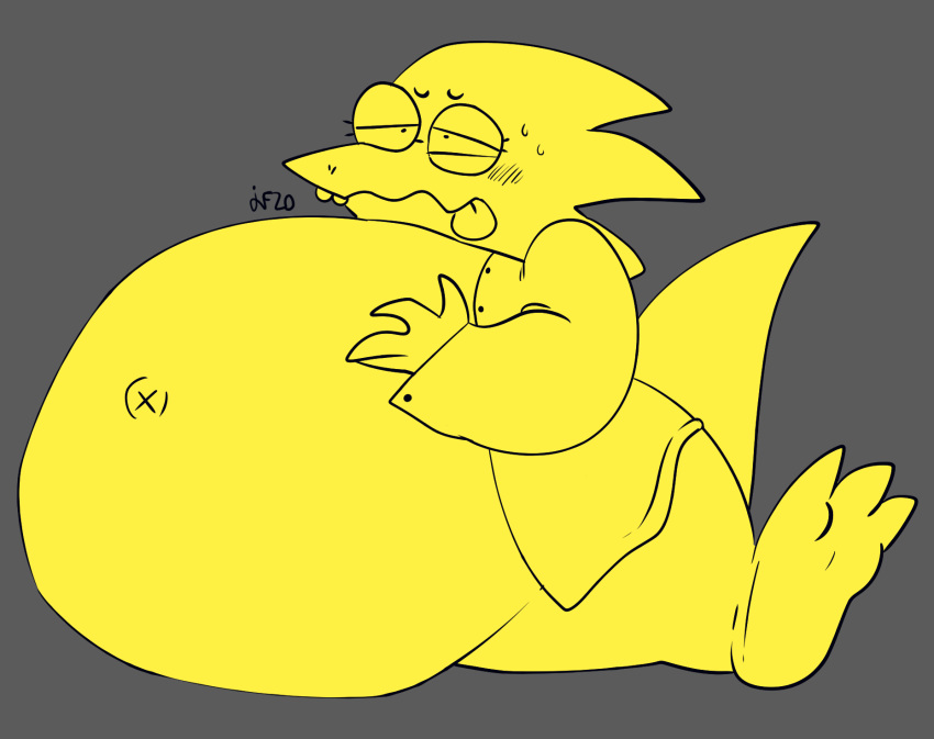 alphys ambiguous_gender anthro belly big_belly blush bodily_fluids buckteeth clothing coat eyewear faysethecat featureless_chest female_(lore) glasses hand_on_stomach hi_res hyper hyper_belly immobile lab_coat morbidly_obese morbidly_obese_ambiguous mostly_nude narrowed_eyes navel obese obese_ambiguous outie_navel overweight overweight_ambiguous reptile scalie simple_background sitting solo squint sweat teeth thick_tail three-quarter_view tongue tongue_out topwear undertale video_games wavy_mouth
