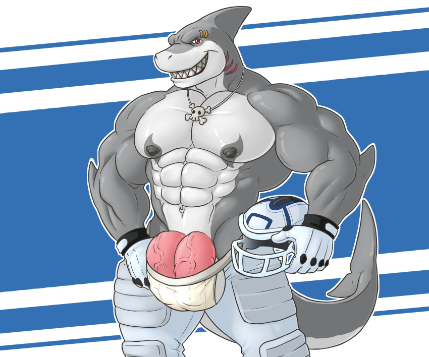 absurd_res anthro armor balls barely_visible_genitalia biceps big_balls big_pecs big_penis bulge clothed clothing eyebrow_piercing facial_piercing fish football_player genitals gloves handwear headgear headingsouth helmet hi_res holding_object jockstrap knee_pads male marine markshark multi_genitalia multi_penis muscular muscular_anthro muscular_male pecs penis piercing pose protective_gear shark smiling_at_viewer solo tattoo thigh_pads topless underwear uniform vein veiny_penis