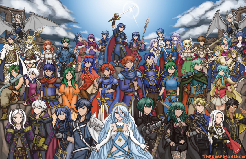 6+boys 6+girls absurdres alfonse_(fire_emblem) alm_(fire_emblem) aoi_itsuki azura_(fire_emblem) blue_hair blue_sky byleth_(fire_emblem) byleth_(fire_emblem)_(female) byleth_(fire_emblem)_(male) caeda_(fire_emblem) cape celica_(fire_emblem) chrom_(fire_emblem) claude_von_riegan commentary corrin_(fire_emblem) corrin_(fire_emblem)_(female) corrin_(fire_emblem)_(male) deirdre_(fire_emblem) dimitri_alexandre_blaiddyd dress edelgard_von_hresvelg eirika_(fire_emblem) elincia_ridell_crimea eliwood_(fire_emblem) ephraim_(fire_emblem) everyone fire_emblem fire_emblem:_genealogy_of_the_holy_war fire_emblem:_mystery_of_the_emblem fire_emblem:_new_mystery_of_the_emblem fire_emblem:_path_of_radiance fire_emblem:_radiant_dawn fire_emblem:_the_binding_blade fire_emblem:_the_blazing_blade fire_emblem:_the_sacred_stones fire_emblem:_thracia_776 fire_emblem:_three_houses fire_emblem_awakening fire_emblem_echoes:_shadows_of_valentia fire_emblem_fates fire_emblem_heroes fire_emblem_musou gen'ei_ibunroku_sharp_fe hector_(fire_emblem) highres ike_(fire_emblem) julia_(fire_emblem) katarina_(fire_emblem) kimerson kris_(fire_emblem) leif_(fire_emblem) lens_flare lian_(fire_emblem) lilina_(fire_emblem) looking_at_viewer lucina_(fire_emblem) lyn_(fire_emblem) marth_(fire_emblem) micaiah_(fire_emblem) multiple_boys multiple_girls nanna_(fire_emblem) oribe_tsubasa polearm purple_hair robin_(fire_emblem) robin_(fire_emblem)_(female) robin_(fire_emblem)_(male) roy_(fire_emblem) scarf seliph_(fire_emblem) sharena sigurd_(fire_emblem) silver_hair sky sothe_(fire_emblem) spear sword weapon zion_(fire_emblem)