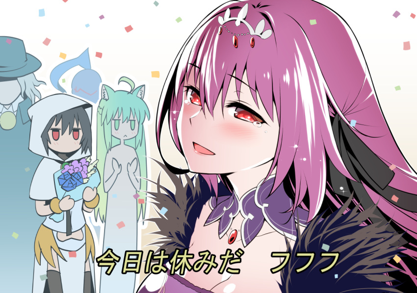 2boys 3girls ahoge animal_ears armor atalanta_(fate) berserker_(fate/zero) black_hair breasts capelet cat_ears cloak dress edmond_dantes_(fate/grand_order) fate/apocrypha fate/grand_order fate/zero fate_(series) feather_trim fedora formal full_armor fur-trimmed_dress fur_trim green_cloak hair_between_eyes hat headpiece hood hood_up hooded_capelet large_breasts long_hair multicolored_hair multiple_boys multiple_girls ono_misao ortlinde_(fate/grand_order) purple_dress purple_hair scathach_(fate)_(all) scathach_(fate/grand_order) scathach_skadi_(fate/grand_order) short_hair silver_hair smile suit thighhighs tiara two-tone_hair valkyrie_(fate/grand_order) wavy_hair white_capelet white_hair