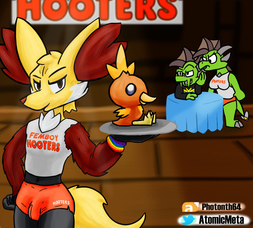 absurd_res atomicmeta avian bulge canid canine clothing delphox distracted distracted_boyfriend femboy_hooters fox girly hi_res hooters_uniform lgbt_pride looking_at_viewer mammal meme midriff neon_the_dragon nintendo niona_the_dragoness pok&eacute;mon pok&eacute;mon_(species) pride_colors redwin_blazeson sibling spotlight stare tight_clothing torchic tray twins video_games