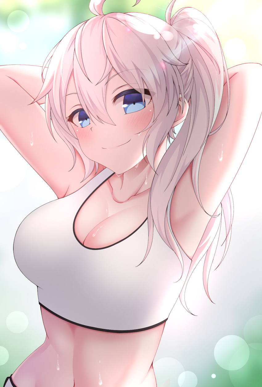 1girl ahoge armpits arms_behind_head arms_up bare_arms bare_shoulders blue_eyes breasts cleavage closed_mouth collarbone crop_top hair_between_eyes highres large_breasts long_hair looking_at_viewer midriff navel original oywj shirt side_ponytail sidelocks sleeveless sleeveless_shirt smile solo stomach sweat tank_top upper_body white_hair white_shirt