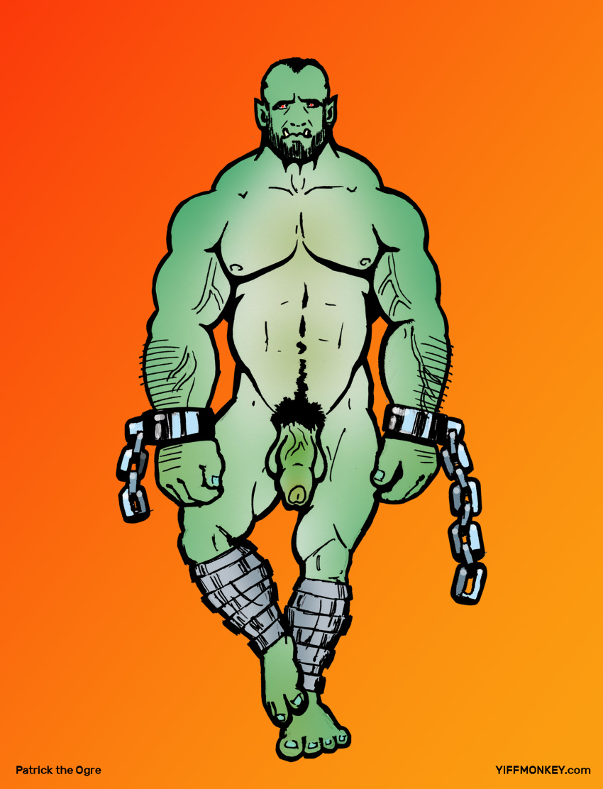 beard big_penis chained facial_hair fmonkey genitals green_body hi_res humanoid male muscular muscular_humanoid ogre patrick penis shackles solo text url