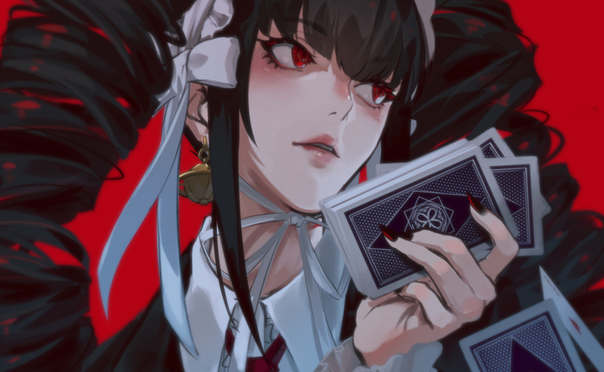 1girl bangs black_hair black_nails celestia_ludenberck danganronpa danganronpa_1 drill_hair earrings eyebrows_visible_through_hair face gothic_lolita hairband highres holding holding_playing_card jewelry lolita_fashion long_hair looking_at_viewer nail_polish necktie oone0206 red_background red_eyes ribbon simple_background solo twin_drills twintails white_ribbon