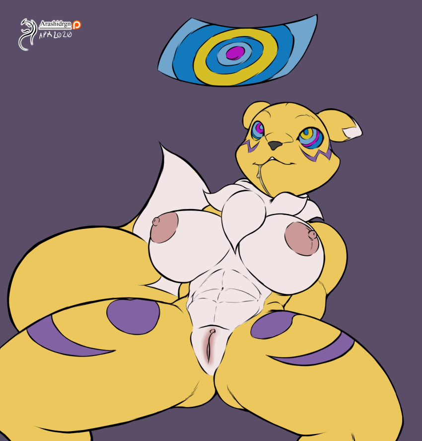 arashidrgn black_sclera breasts canid canine digimon digimon_(species) female fur genitals hi_res hypnosis mammal mind_control nude remale renamon solo tuft white_body white_fur yellow_body yellow_fur