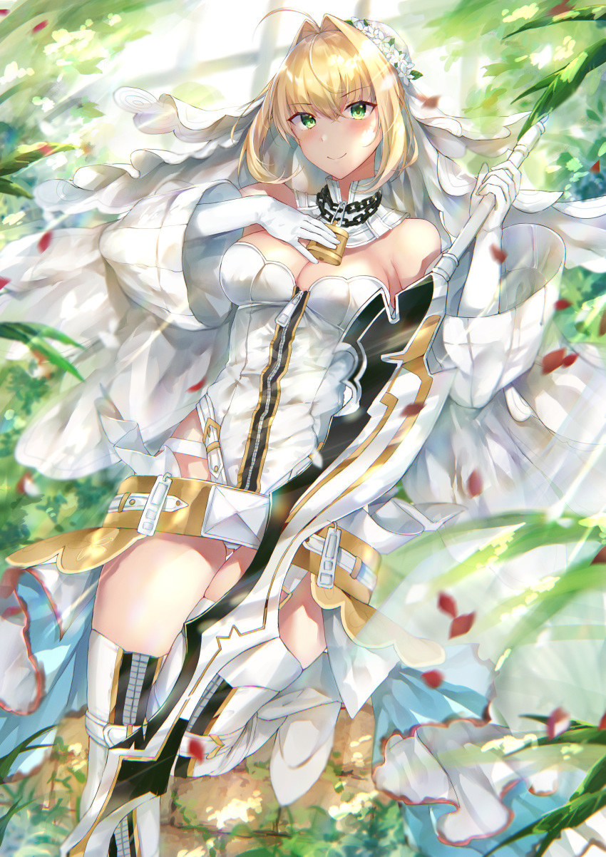 1girl absurdres aestus_estus ahoge bangs bare_shoulders belt blonde_hair blush breasts bridal_veil chain cleavage closed_mouth detached_sleeves elbow_gloves fate/extra fate/extra_ccc fate_(series) flower_wreath full-length_zipper gloves green_eyes hair_intakes hand_on_own_chest head_wreath highleg highleg_leotard highres hitomin_(ksws7544) huge_filesize large_breasts leotard lock long_hair looking_at_viewer loose_belt nero_claudius_(bride)_(fate) nero_claudius_(fate)_(all) padlock puffy_detached_sleeves puffy_sleeves smile sword thighhighs thighs veil weapon white_gloves white_legwear white_leotard white_sleeves wide_sleeves zipper