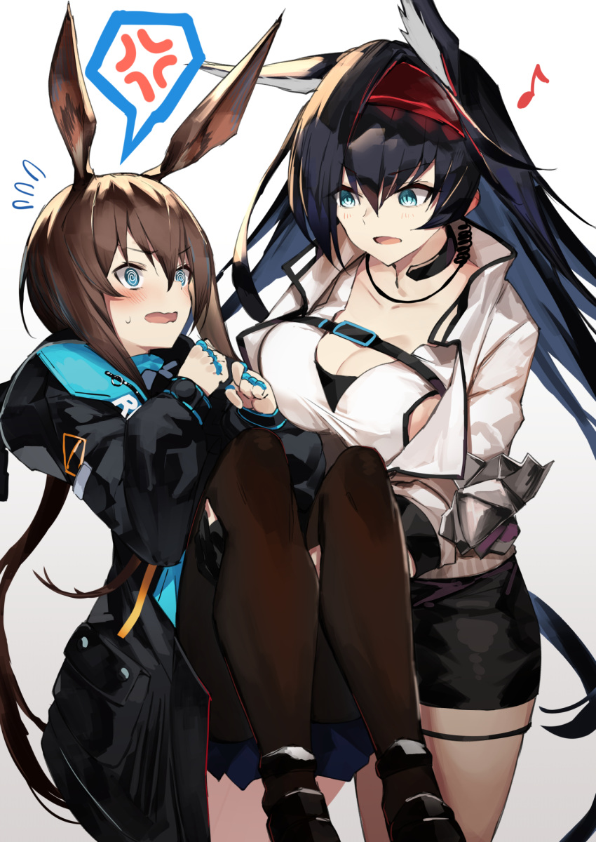 2girls @_@ amiya_(arknights) anger_vein animal_ears arknights bangs black_hair black_jacket black_legwear blaze_(arknights) blue_eyes blush breasts brown_hair bunny_ears carrying cat_ears cleavage commentary_request cowboy_shot eighth_note eyebrows_visible_through_hair flying_sweatdrops gradient gradient_background grey_background hair_between_eyes hairband highres jacket knees_up large_breasts long_hair long_sleeves multiple_girls musical_note open_mouth pantyhose princess_carry red_hairband shirt spoken_anger_vein standing thighs very_long_hair white_background white_shirt yuuuuu