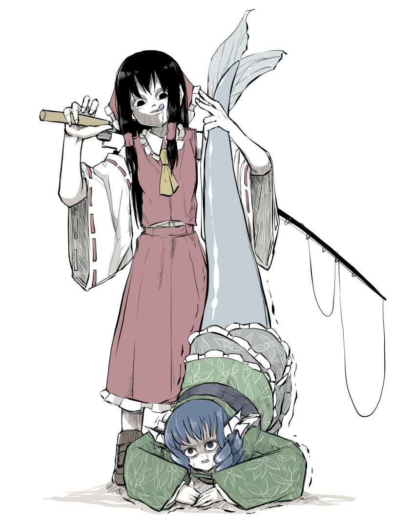 2girls :d absurdres bangs black_eyes black_hair blue_eyes blue_hair bow brown_footwear closed_mouth detached_sleeves dress drill_hair drill_locks drooling fishing_rod frilled_bow frilled_dress frilled_kimono frills green_kimono green_sleeves hair_bow hair_tubes hakurei_reimu head_fins highres holding holding_fish holding_fishing_rod japanese_clothes kimono long_sleeves looking_at_another mermaid miko monster_girl multiple_girls open_mouth peroponesosu. red_bow red_shirt red_skirt ribbon-trimmed_sleeves ribbon_trim shaded_face shirt short_hair simple_background skirt smile standing sweat tongue tongue_out touhou wakasagihime white_background white_frills white_sleeves wide_sleeves yellow_neckwear you_gonna_get_eaten